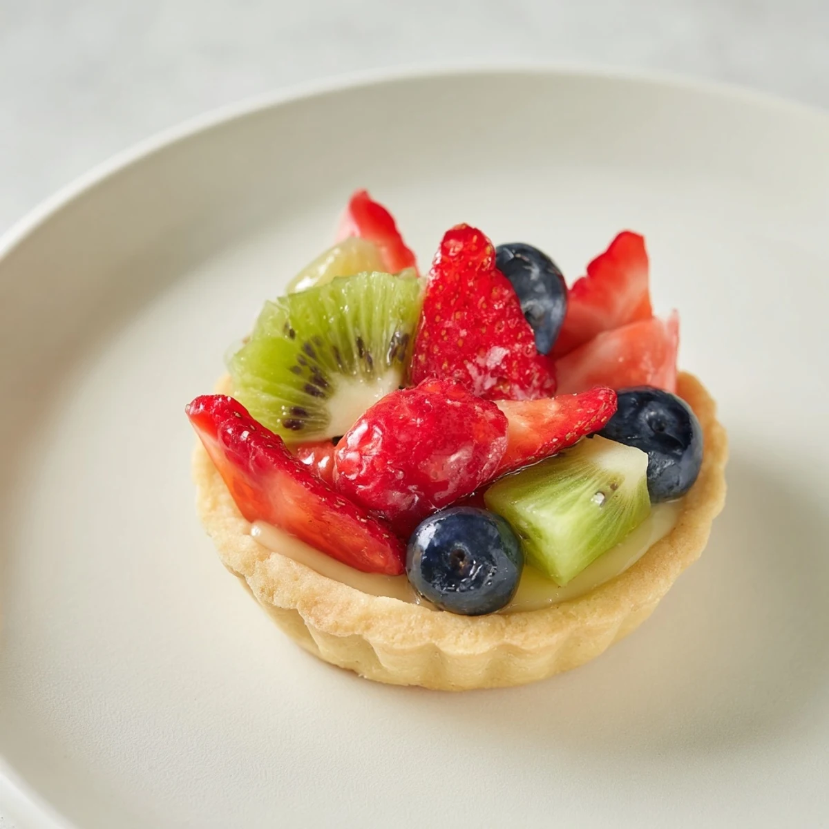 Vibrant arrangement of fresh fruits atop creamy pastry fills these delicious mini fruit tartlets, ready to enjoy.
