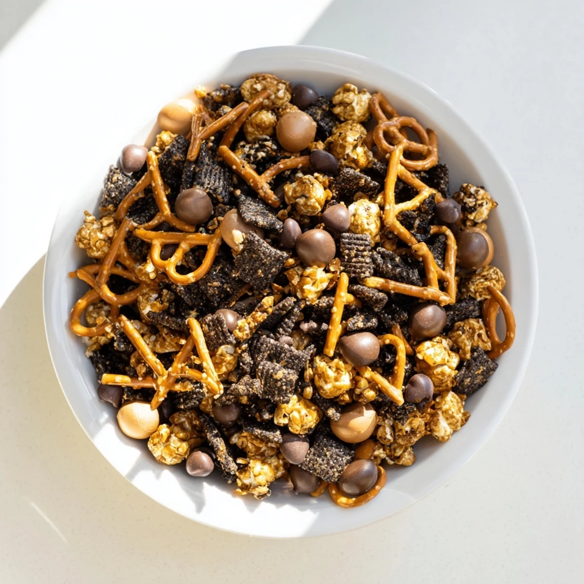 Crunchy Gold and Black Midnight Snack Mix, baked to perfection with sweet and salty flavors.