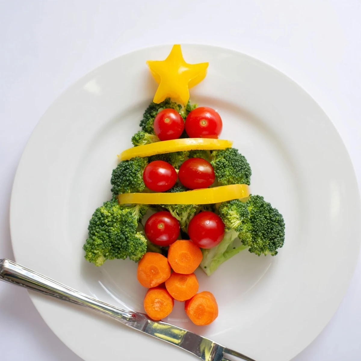 Freshly arranged broccoli tree with ruby-red cherry tomato ornaments, perfect for a fun snack platter.