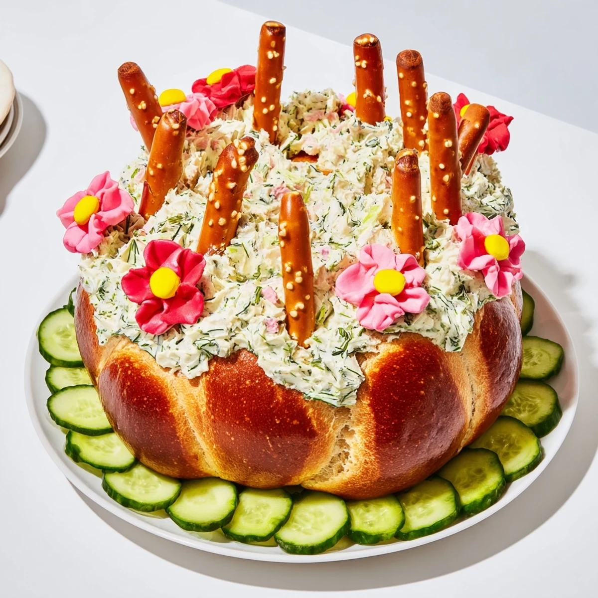 The Desert Cactus Bloom appetizer shows cream cheese-covered bread with pretzel cactus spines and fruity flowers.