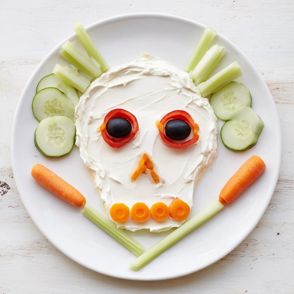 Creamy Skull & Bones Spooky Spread appetizer arranged to creatively resemble a spooky skull on a platter.