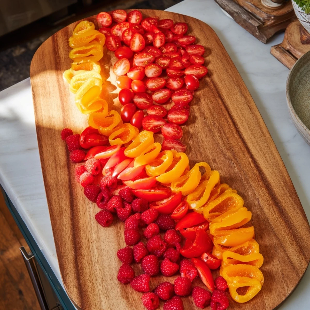 Rainbow Pride Spectrum grazing board showcasing colorful fruits and vegetables, perfect for a celebration.