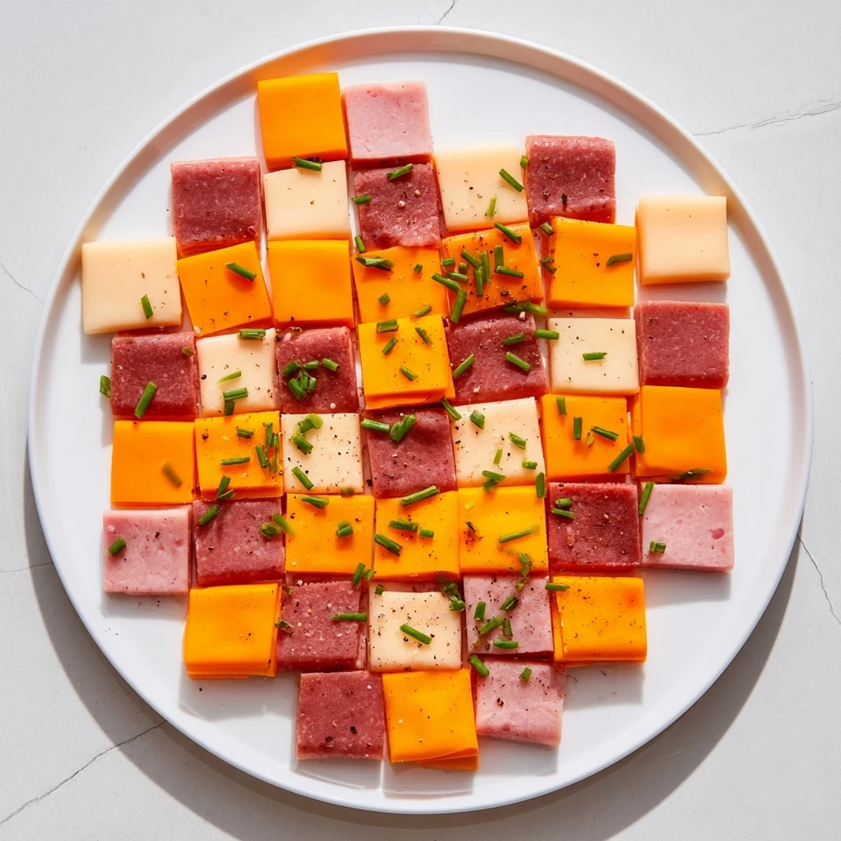 Checkerboard Picnic Bites showcasing alternating squares of meat and cheese, a visually appealing appetizer.