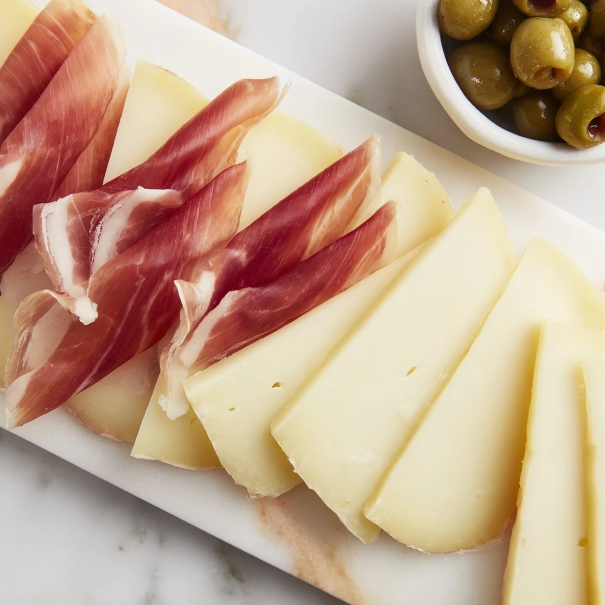 A vibrant cheese board, the Minimalism Master, ready to serve with sliced Comté, ham, and olives.