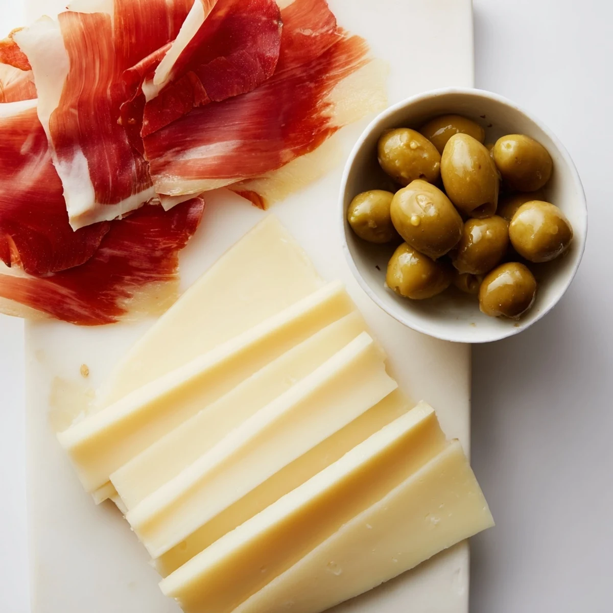 Elegant cheese board featuring aged Comté, Jamón Ibérico, and olives, a Minimalism Master appetizer.