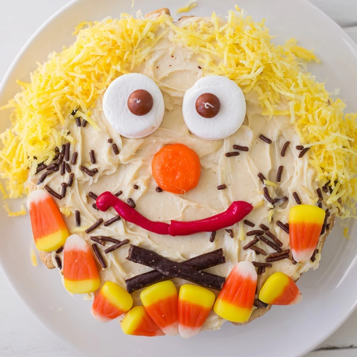 A smiling Scarecrow Candy Platter featuring an edible cookie face and cheerful candy details for fall.