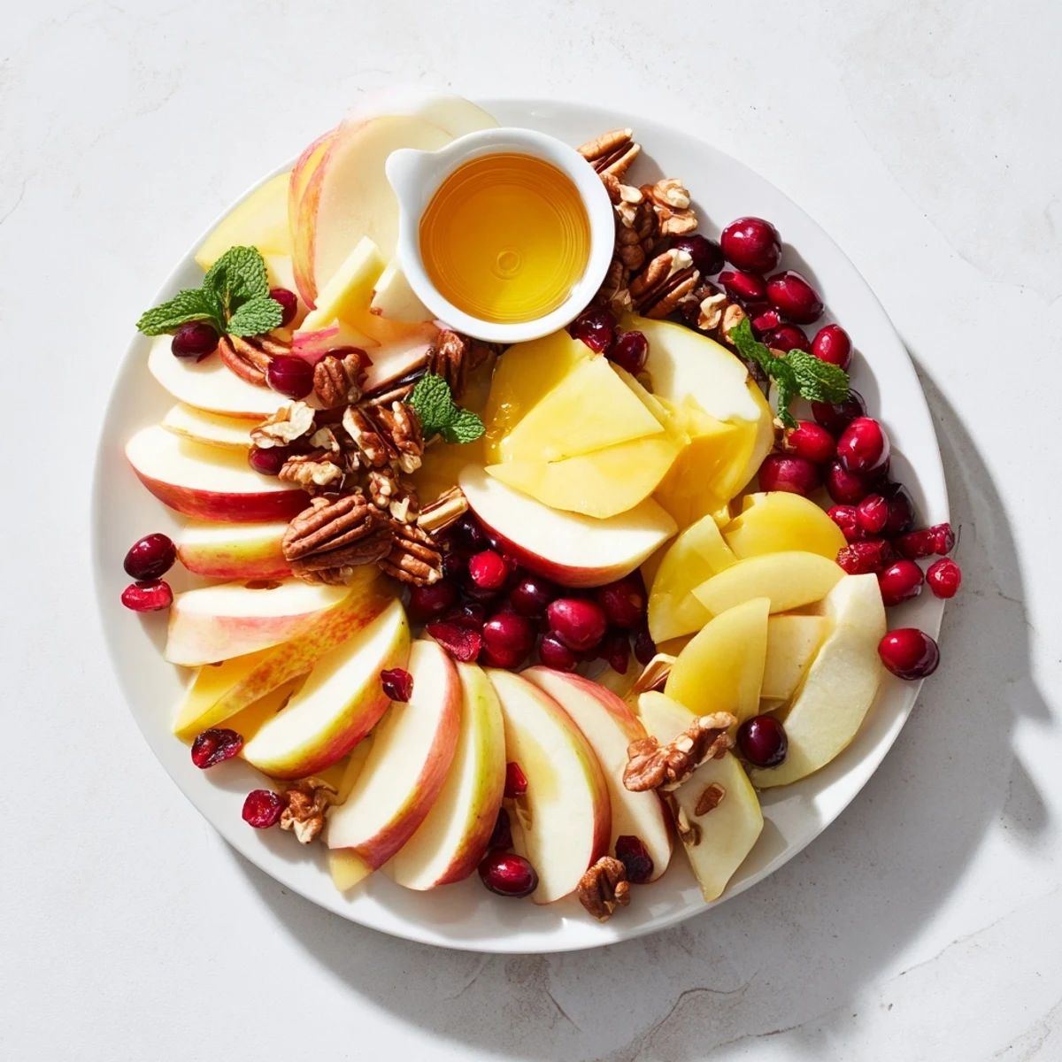 Vibrant arrangement: an Apple Orchard Fruit Board offering fresh fruits, honey, and perfectly toasted nuts.