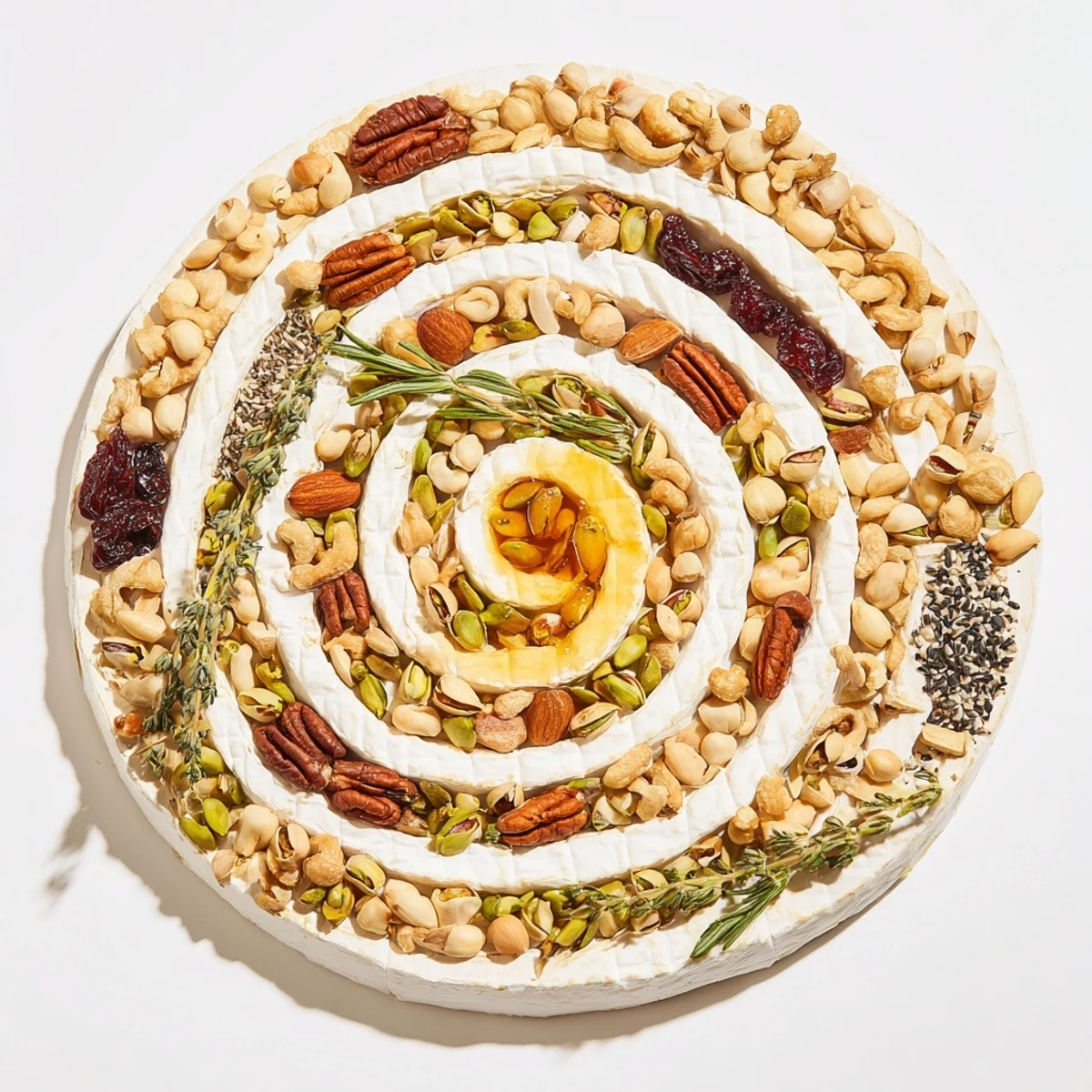 A stunning aerial view of The Labyrinth appetizer, a vibrant maze of nuts leading to creamy cheese.