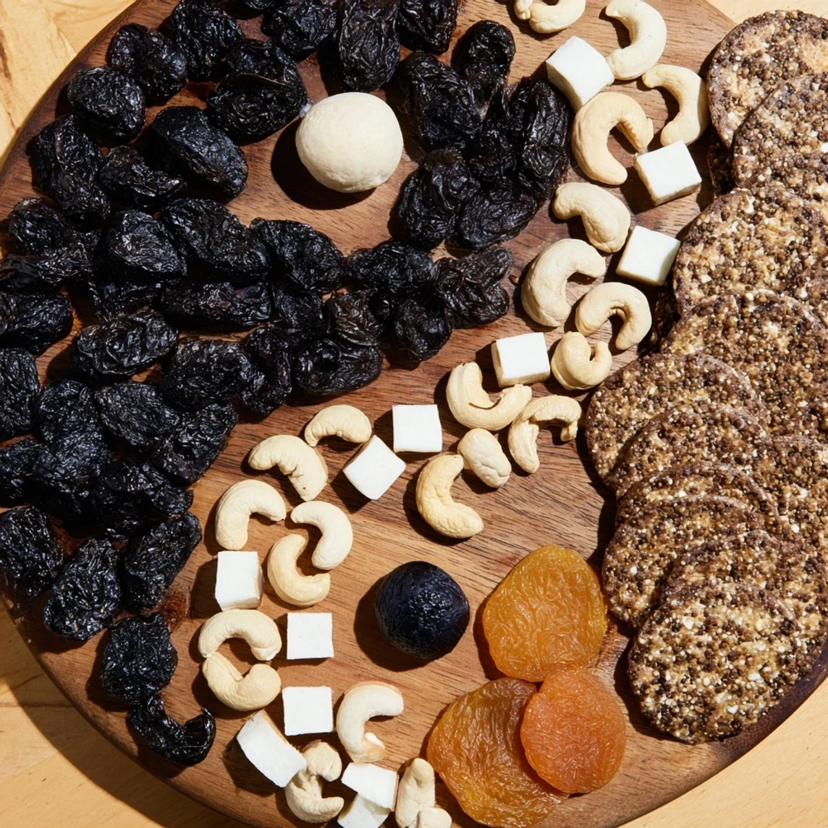 Imagine the Yin and Yang Balance Board: a balanced, flavorful platter with crackers, fruit, and cheese.