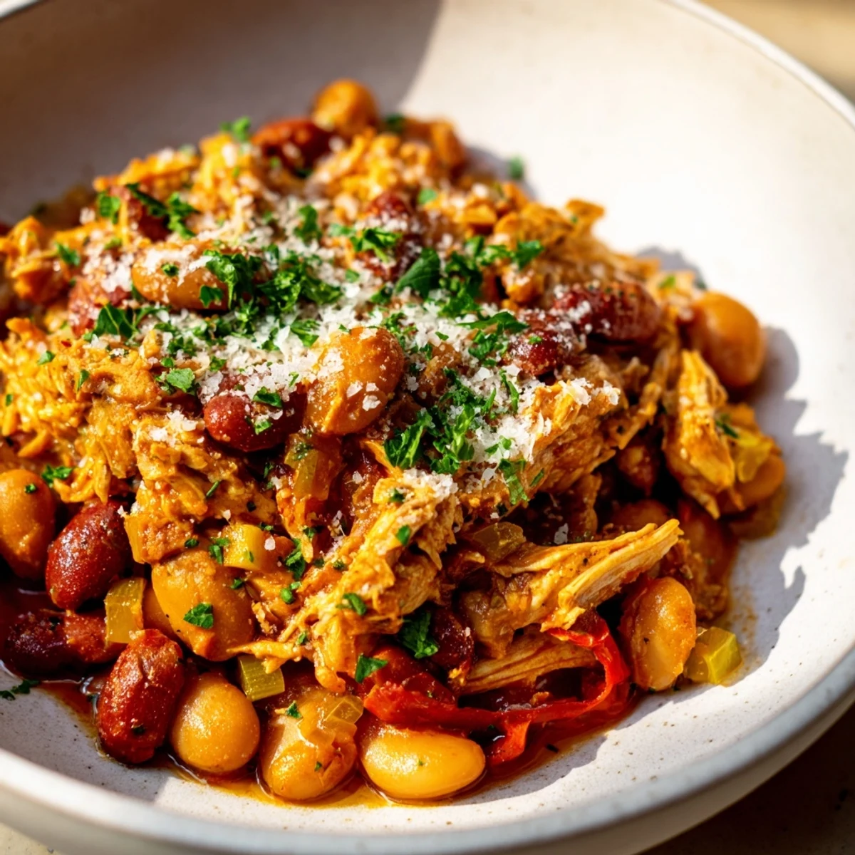 A warm bowl of White Bean and Roasted Red Pepper Chicken stew, perfect for a cozy dinner.