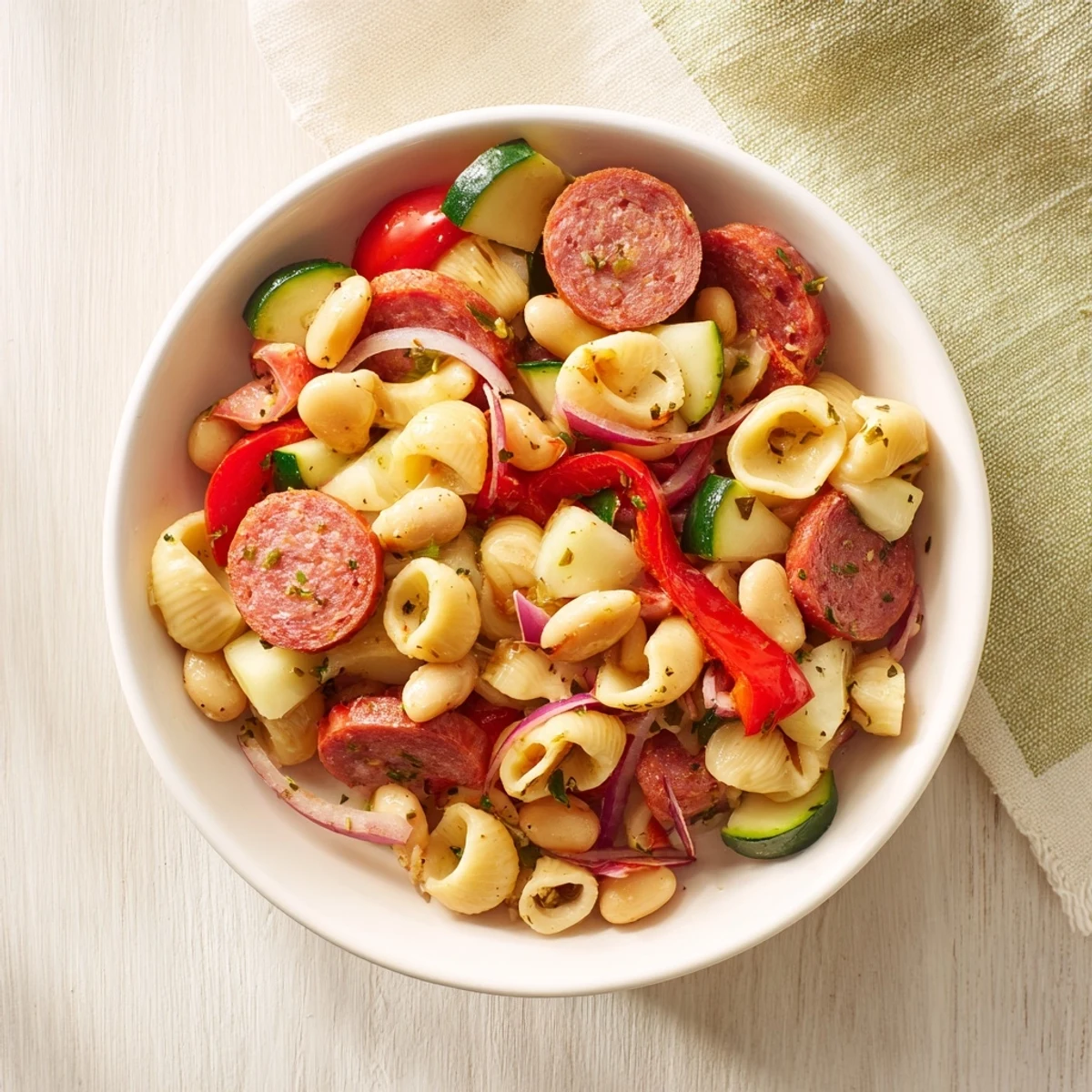 A colorful bowl of Italian Antipasto Bean Salad; featuring fresh tomatoes, olives, and a zesty Italian dressing.