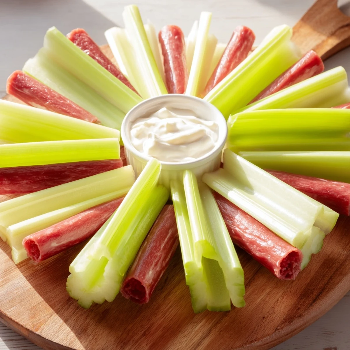 A stunning visual of The Rustic Wheel appetizer with celery, meat sticks, and dips ready to serve.