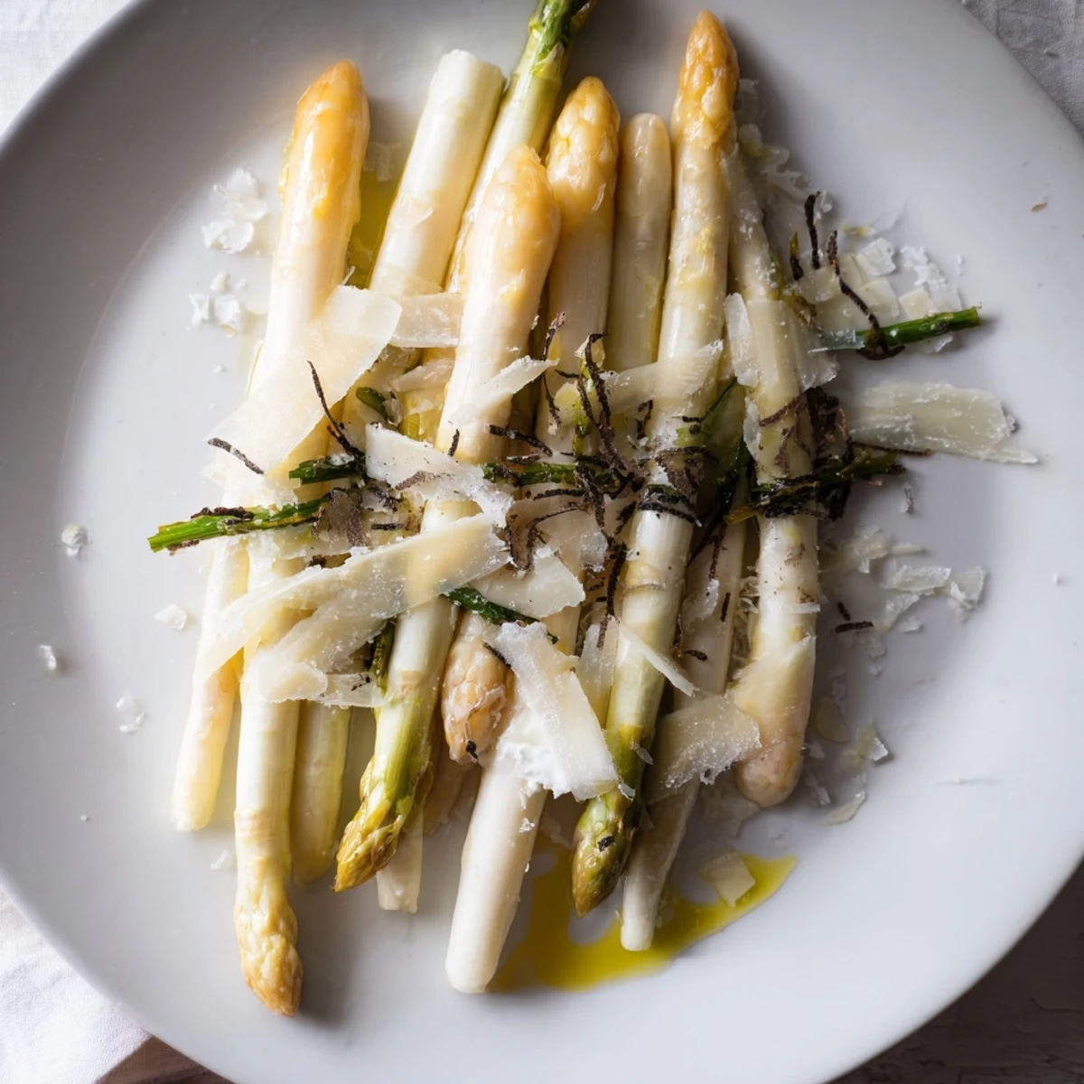 A gourmet plated The Silver Birch starter showcasing vibrant asparagus, creamy burrata, and earthy truffle shavings.