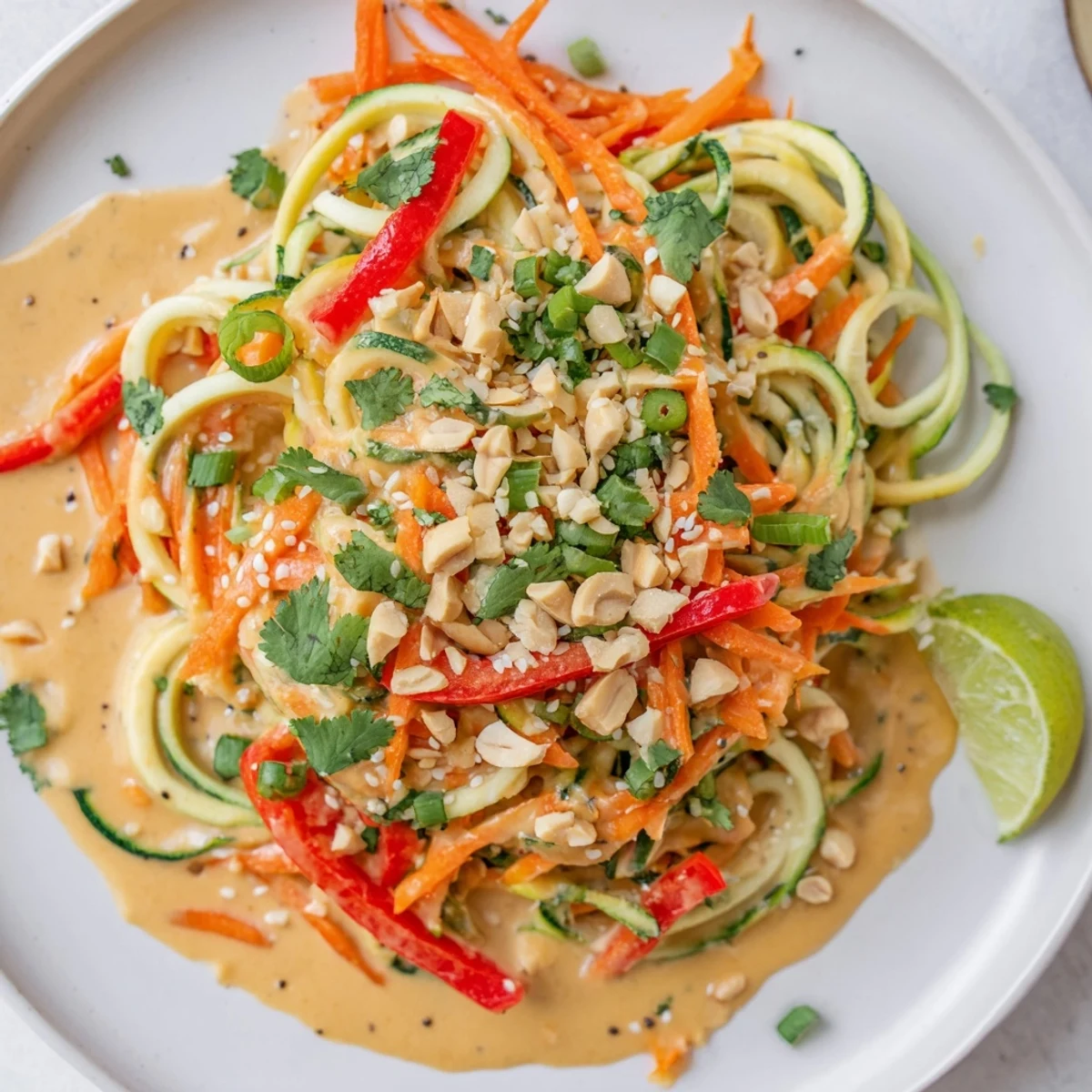 Fresh Zesty Peanut Zucchini Noodles salad, vibrant with colorful vegetables and savory peanut sauce.