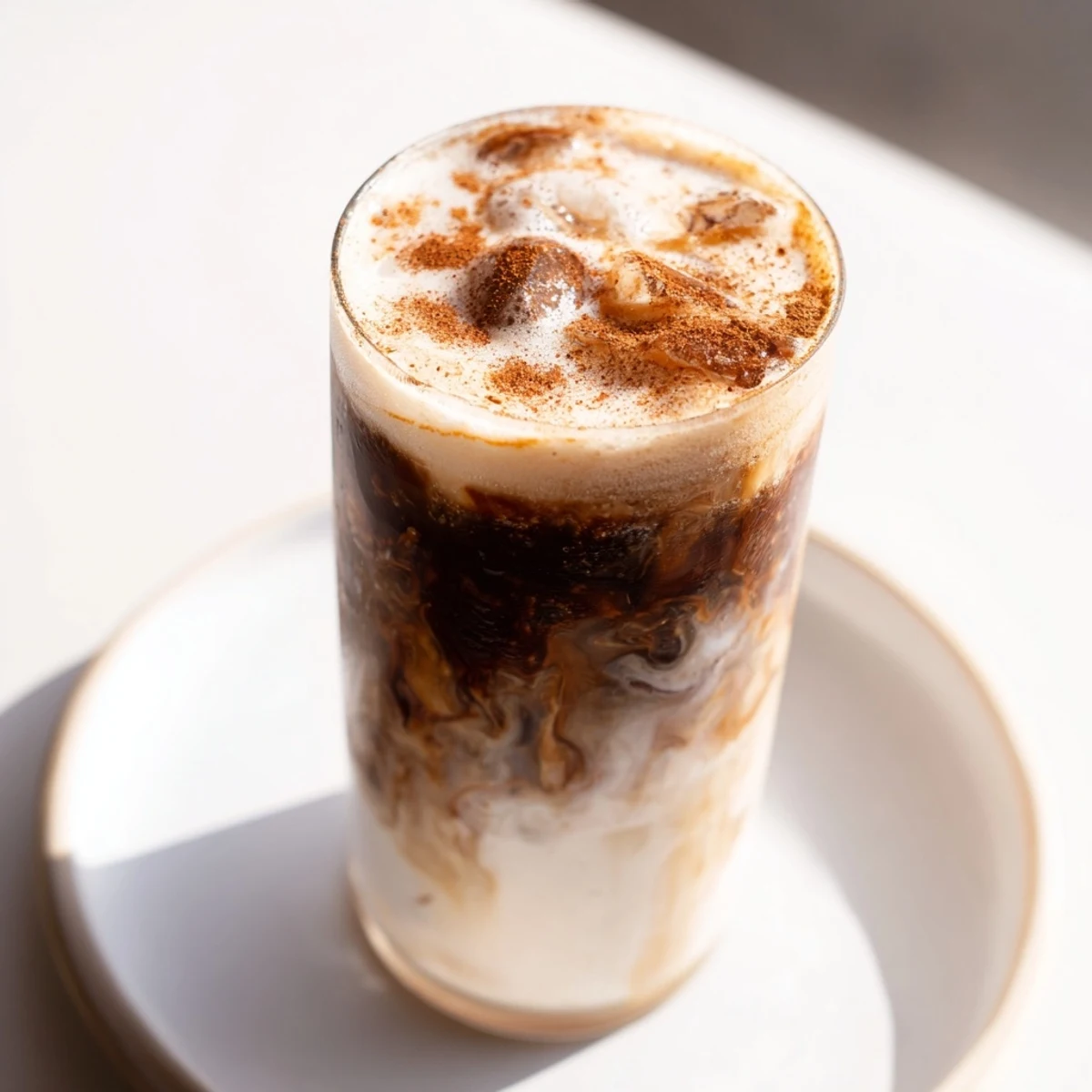 Frothy Iced Brown Sugar Oat Latte swirled in a tall glass, a perfect creamy vegan coffee drink.