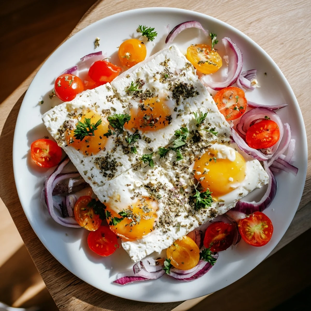 Warm, golden Mediterranean Baked Feta & Eggs with visible runny yolks and herbs, ready to be enjoyed.