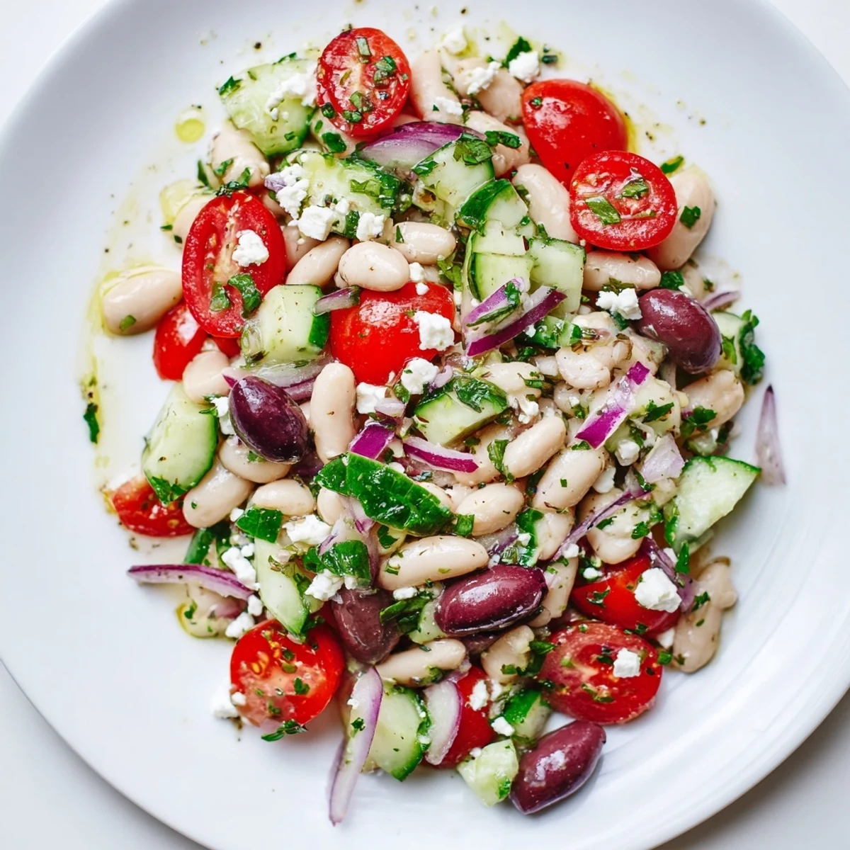 A bowl of fresh white bean salad, perfect for a light lunch or a delightful side.