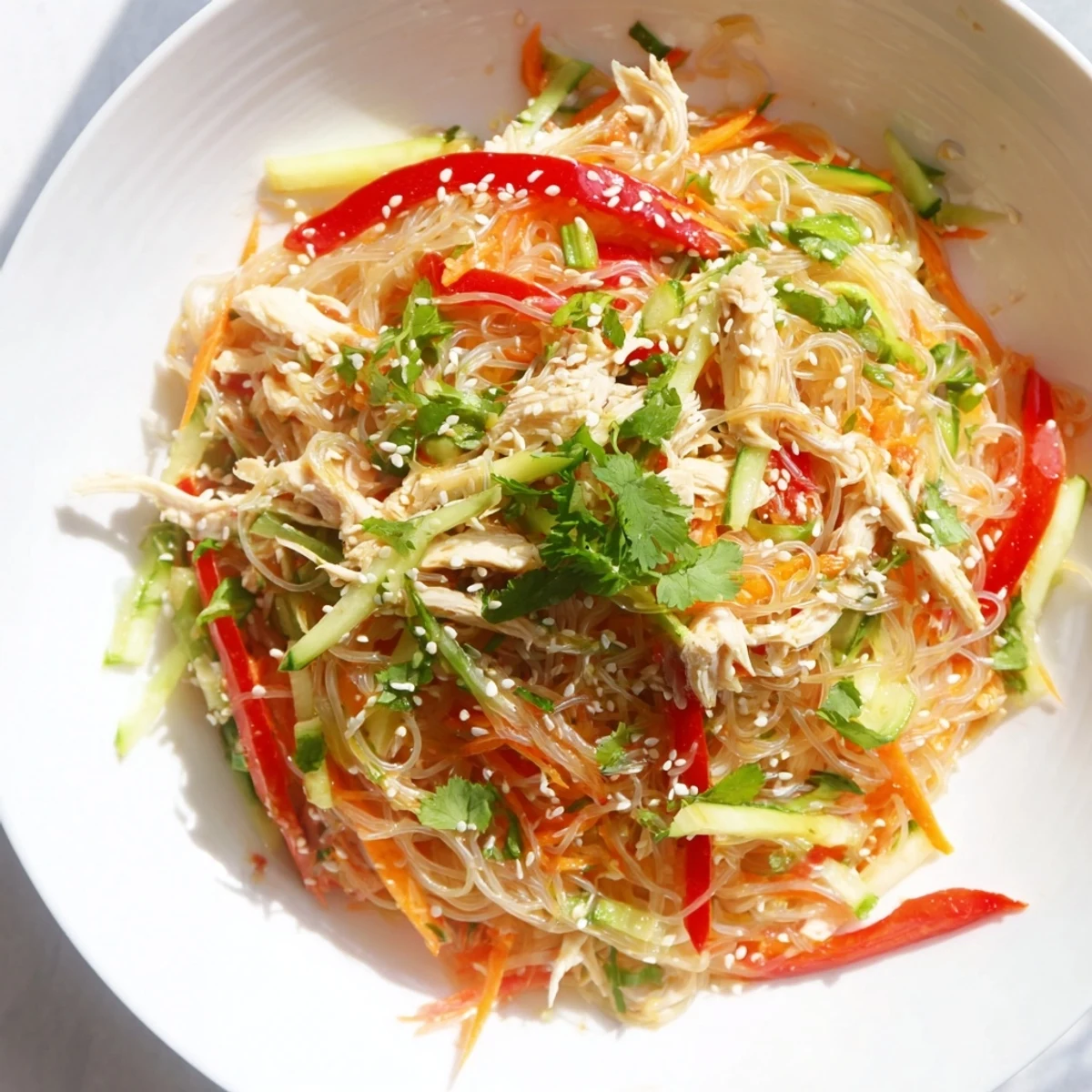 This Chilled Chicken Noodle Salad presents a refreshing, dairy-free lunch, perfect for a summer afternoon.