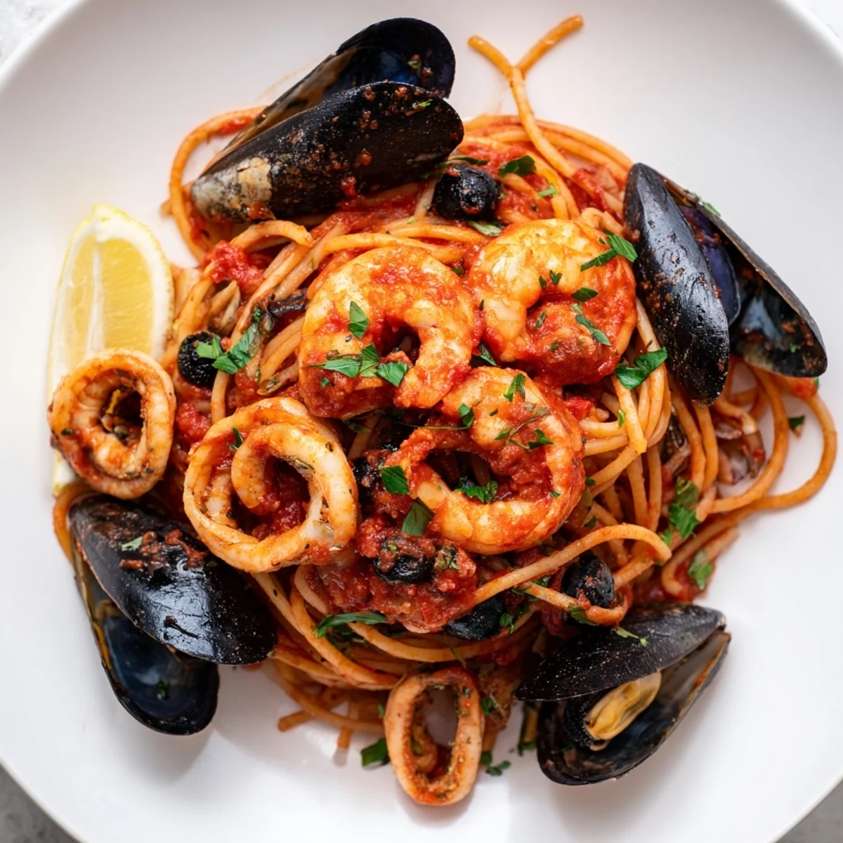 Steaming hot Seafood Marinara Pasta, featuring tender shrimp, mussels, and squid in a rich tomato sauce.