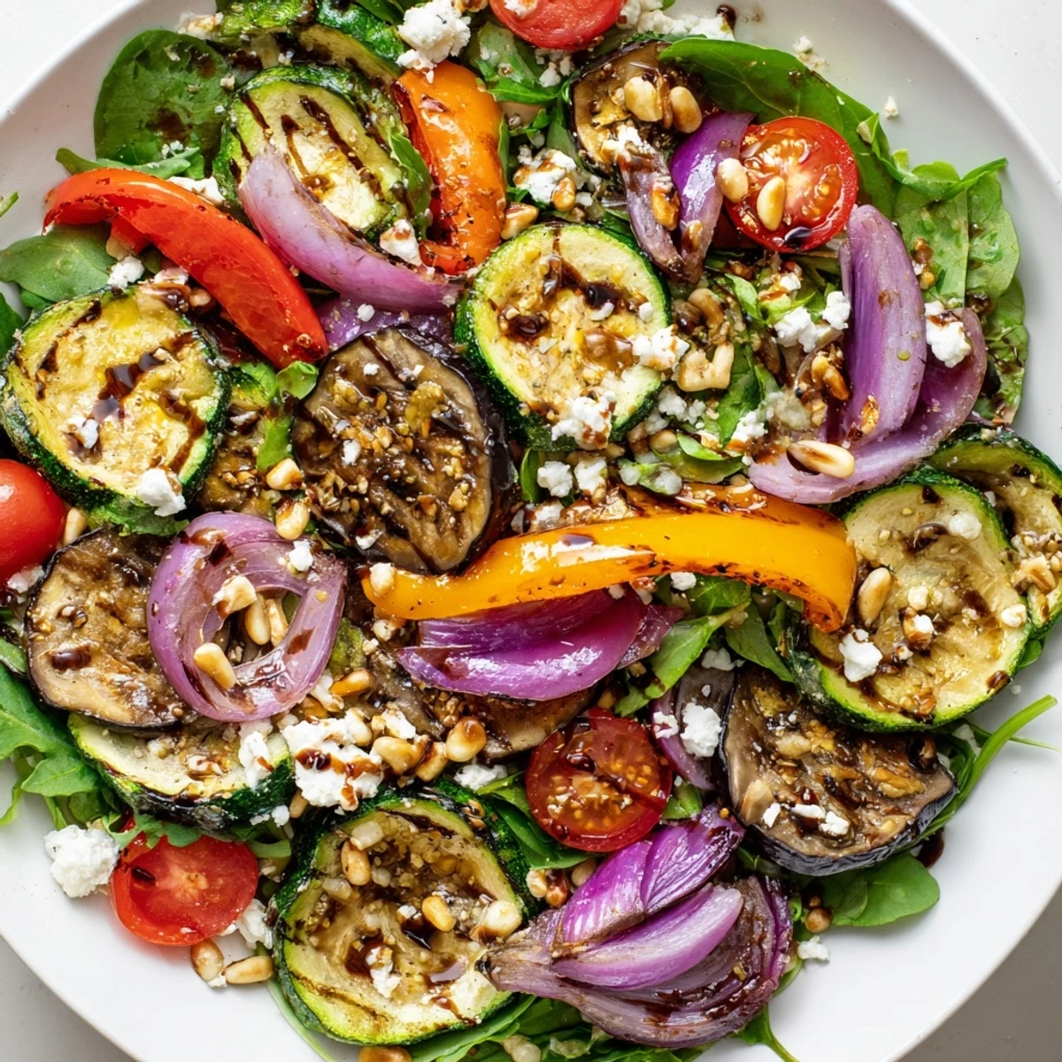 Roasted Vegetable Salad with vibrant colors: bell peppers, zucchini, and eggplant with balsamic glaze.