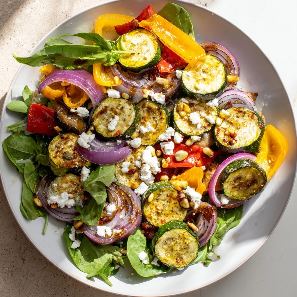 This colorful Roasted Vegetable Salad, served on fresh greens, features tender, roasted vegetables.