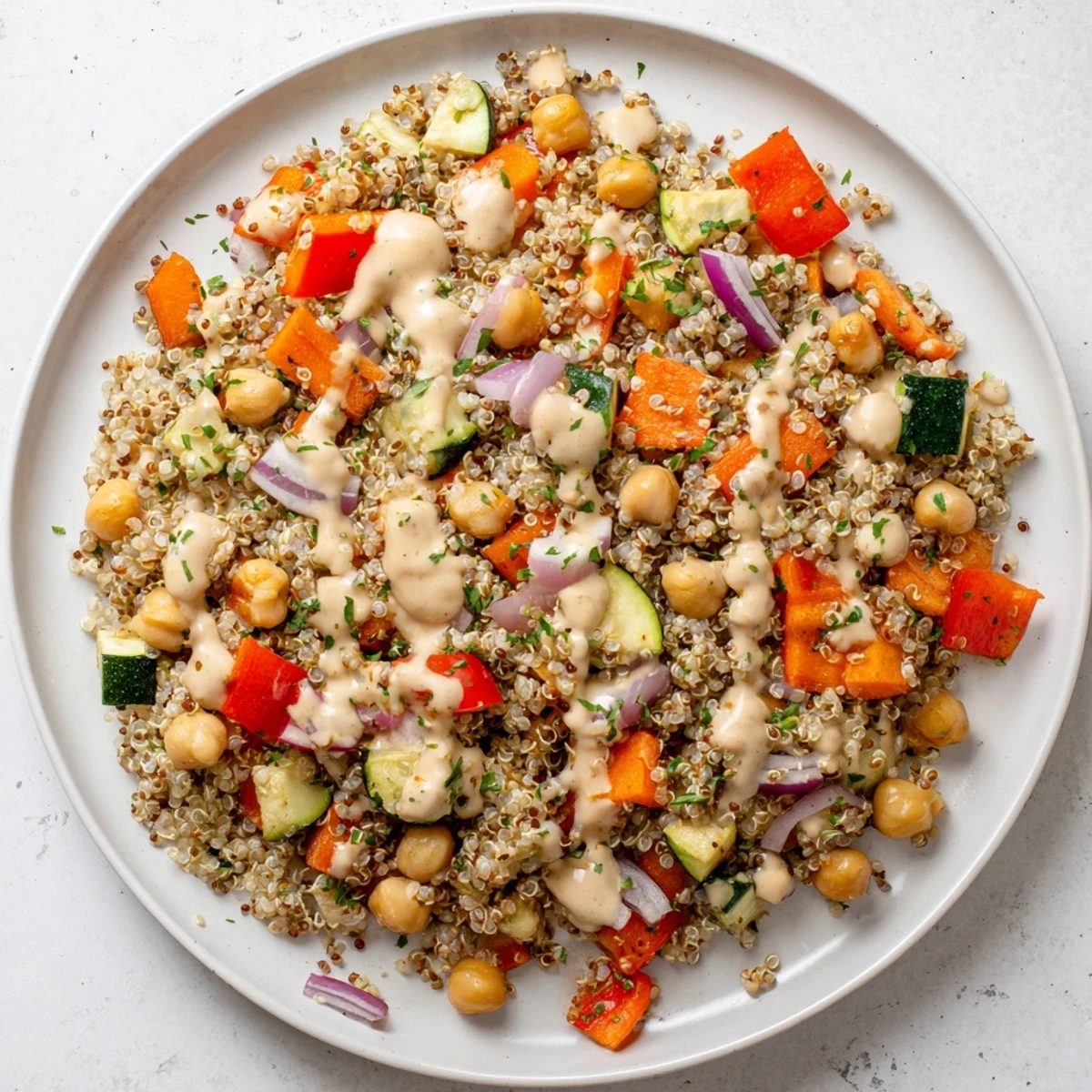 Fluffy quinoa power salad with roasted vegetables, chickpeas, and a bright tahini-lemon dressing.
