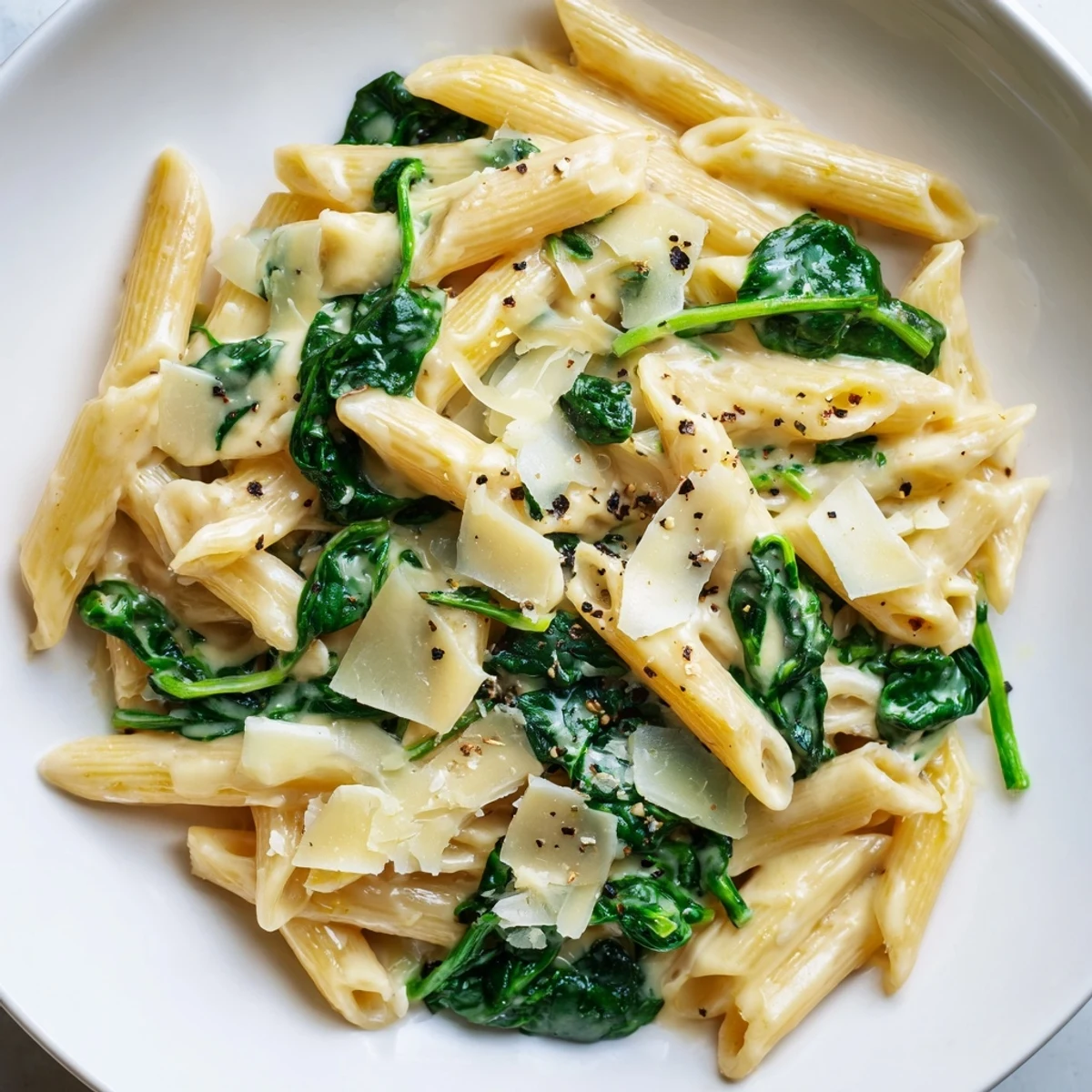 Creamy spinach pasta glistening with parmesan cheese; ready to enjoy this comforting Italian dish.