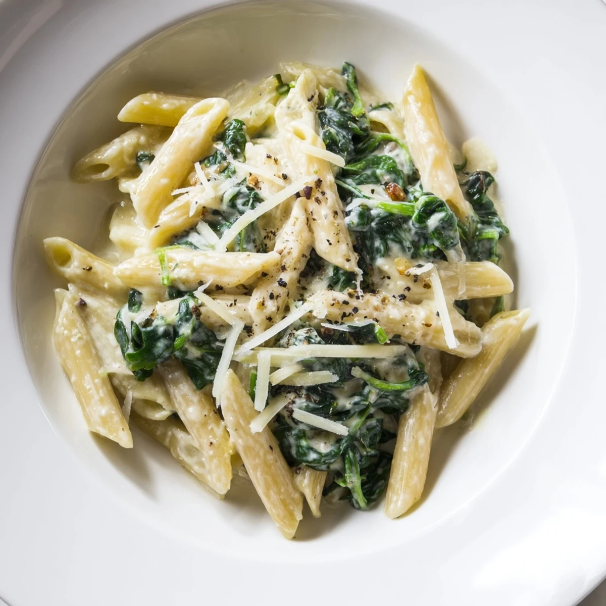 A close-up shot of rich creamy spinach pasta revealing tender penne enveloped in sauce.