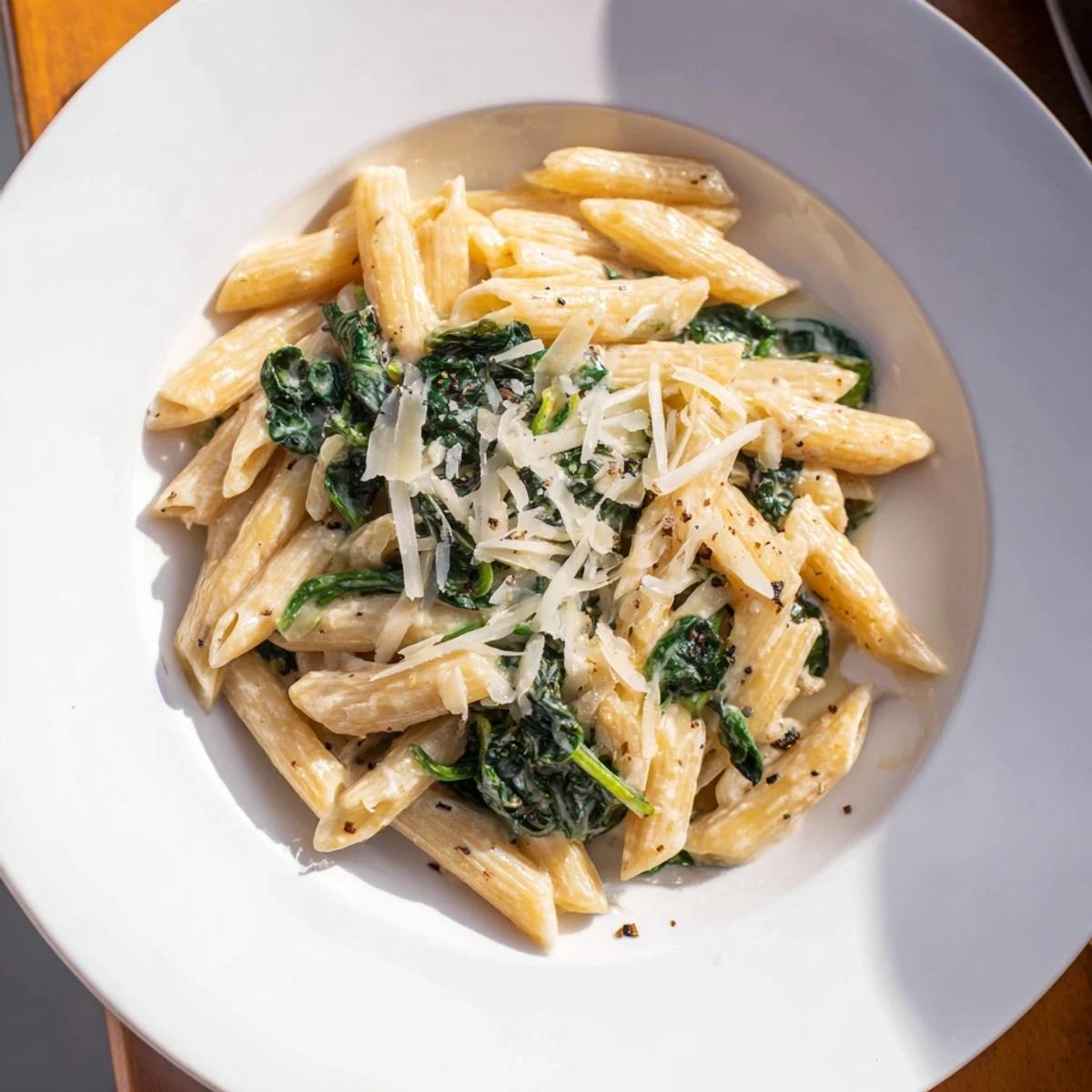 Warm bowl of creamy spinach pasta with wilted spinach, a satisfying vegetarian meal.