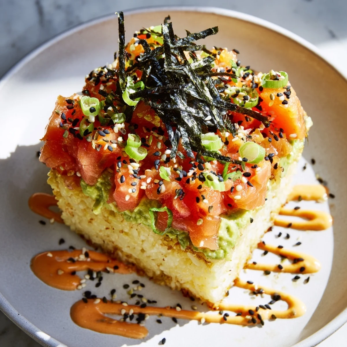 Golden, crispy rice salmon stack featuring fresh salmon, creamy avocado, and spicy mayo; a flavorful fusion appetizer.