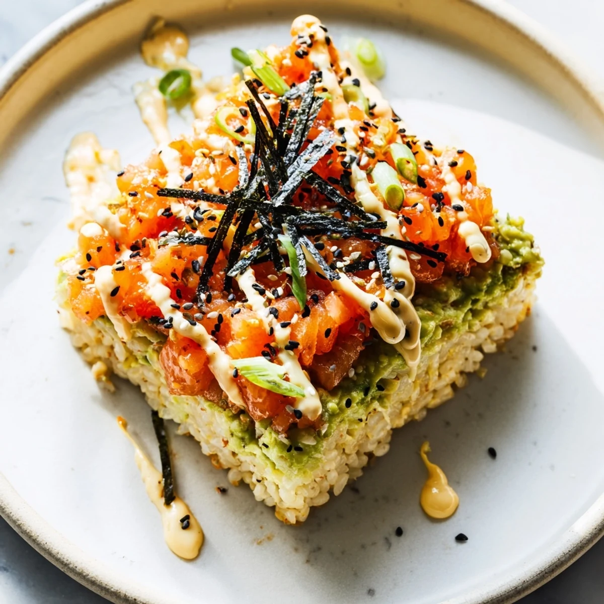 Visually appealing crispy rice salmon stack topped with sesame seeds, showcasing the perfectly seared salmon and avocado.