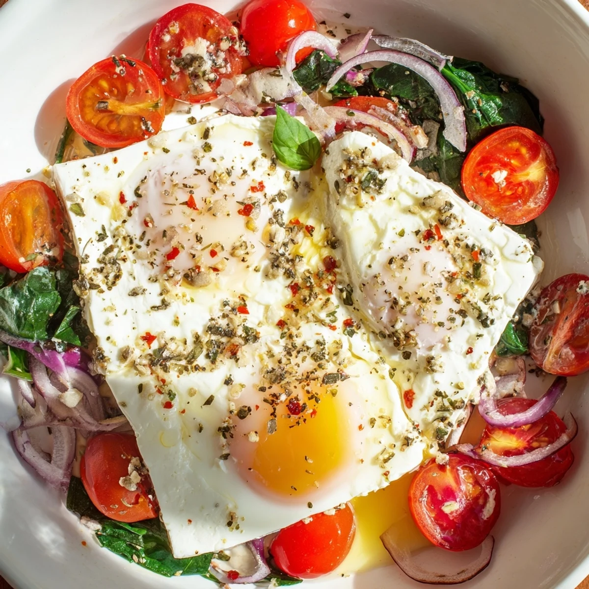 Delicious baked feta eggs recipe, showcasing creamy feta, vibrant tomatoes, olive oil, and fresh herbs.