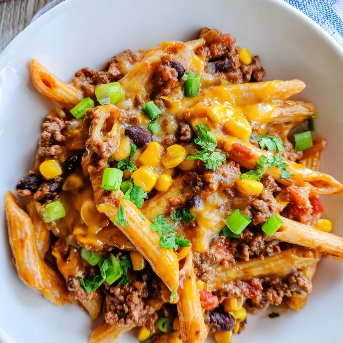 A close-up of creamy Cheesy Taco Pasta, garnished with fresh cilantro and ready to eat.