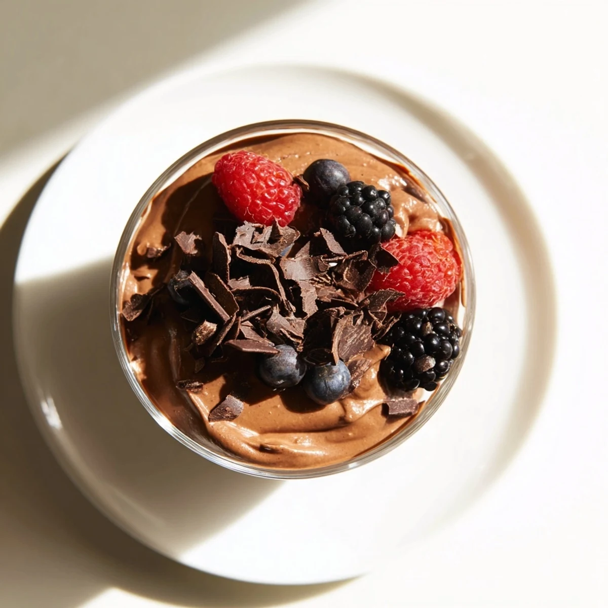 Creamy, dark Avocado Chocolate Pudding in a glass, ready to be topped with fresh berries and enjoyed.