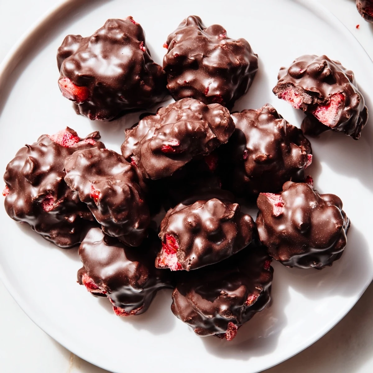 Visually stunning, chocolate-covered strawberry yogurt clusters offer a delightful, fruity dessert idea.