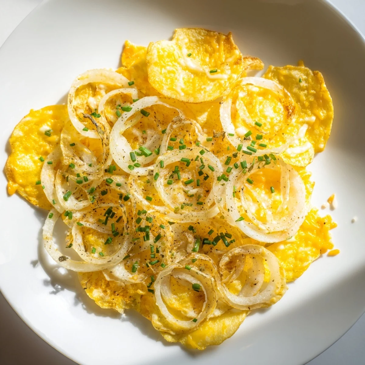 Air-fried crispy onion cheese chips with melted cheddar and mozzarella, perfect for a party appetizer.