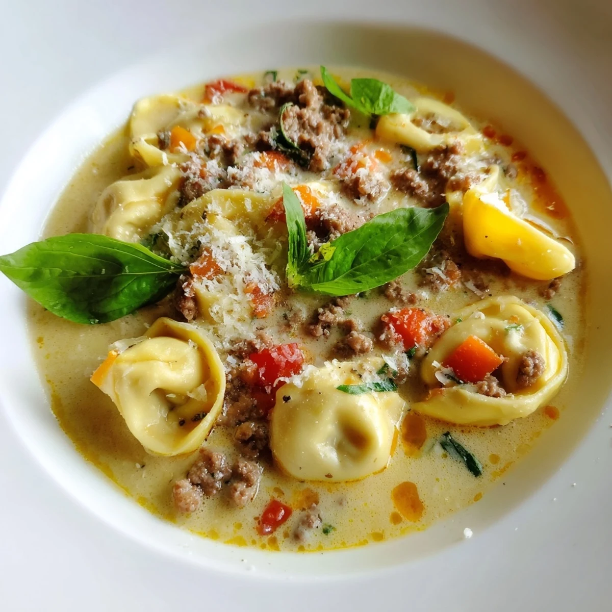 A steaming bowl of comforting Tortellini Beef Soup, garnished with fresh basil and Parmesan cheese.