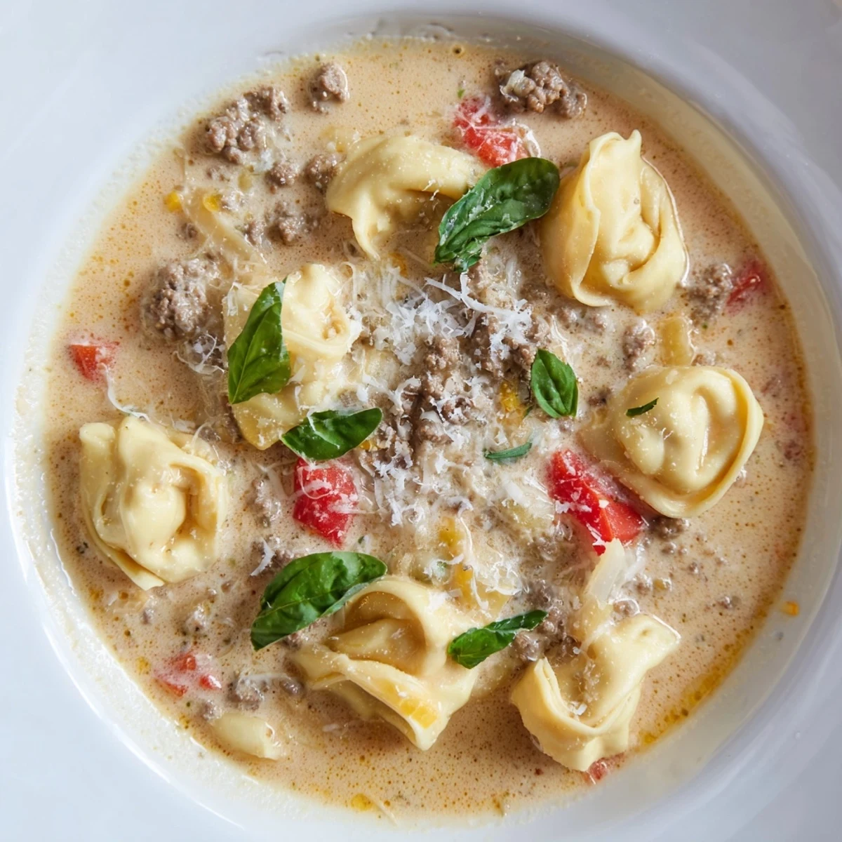 Enjoy a visually delicious view: rich Tortellini Beef Soup with ground beef and tomatoes, ready to serve.