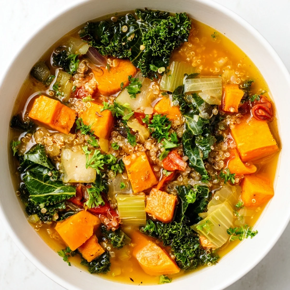 A steaming bowl of Nourishing Winter Veggie Soup, perfect for a cozy, healthy vegetarian meal.