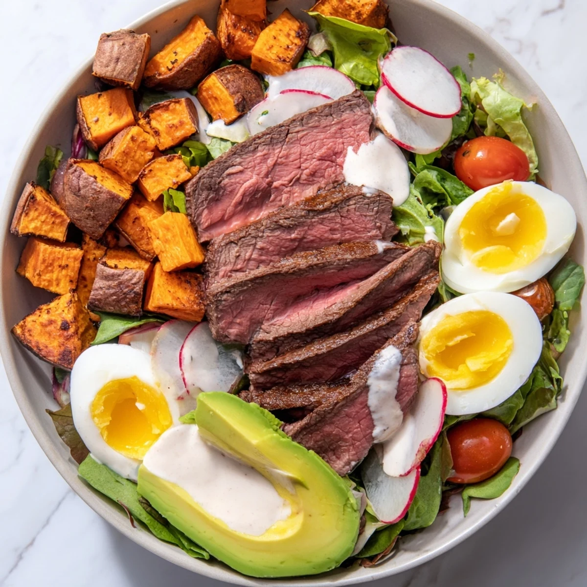 This satisfying High-Protein Beef Avocado Bowl showcases tender beef atop vibrant greens with creamy avocado slices.