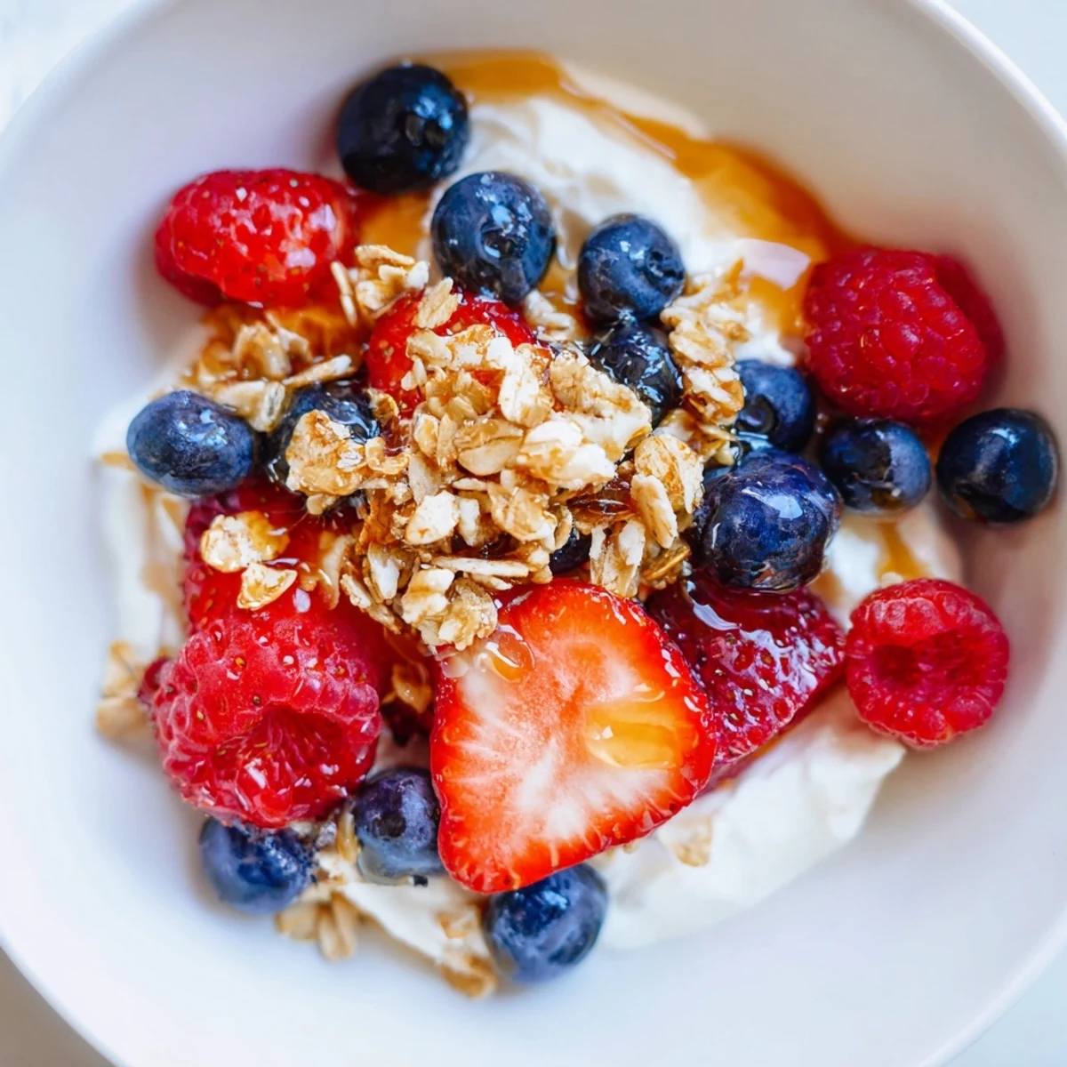 Cottage Cheese Hot Honey Bowl: a delightful view of creamy cottage cheese with berries and hot honey drizzled.