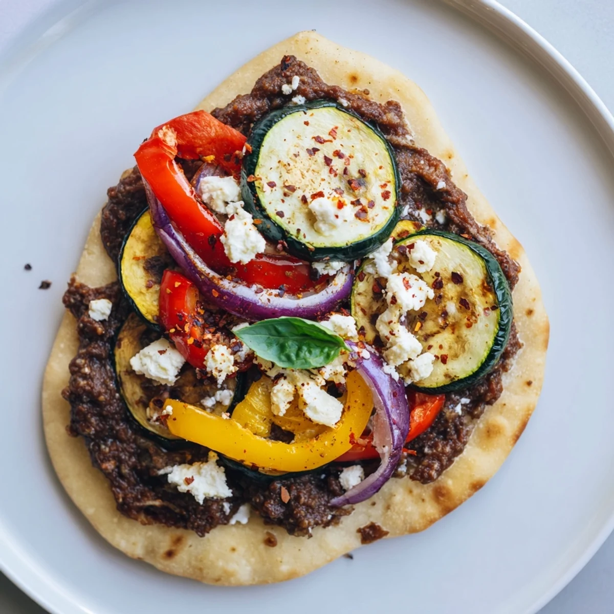 Naan bread pizza with vibrant roasted vegetables and creamy feta, ready to enjoy.