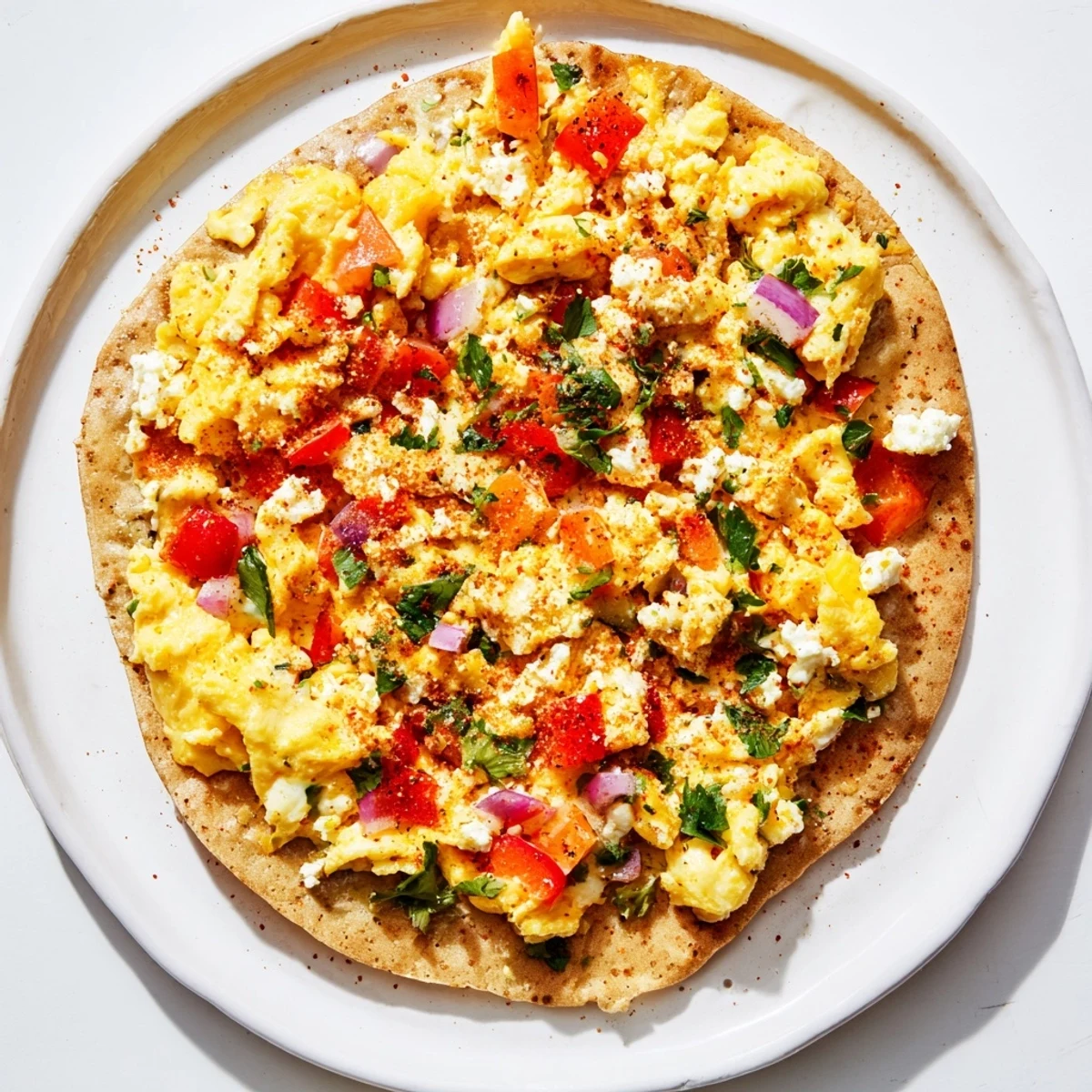 A delicious display of warm Turkish Menemen Eggs Pizza, showing its flavorful scrambled egg topping.