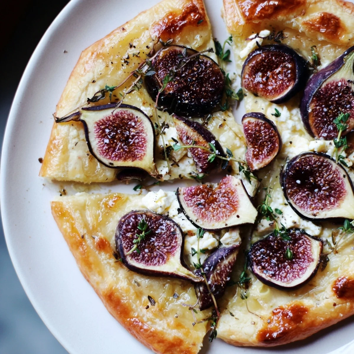 Crispy puff pastry pizza with truffle oil, figs, and goat cheese, ideal for a gourmet appetizer.