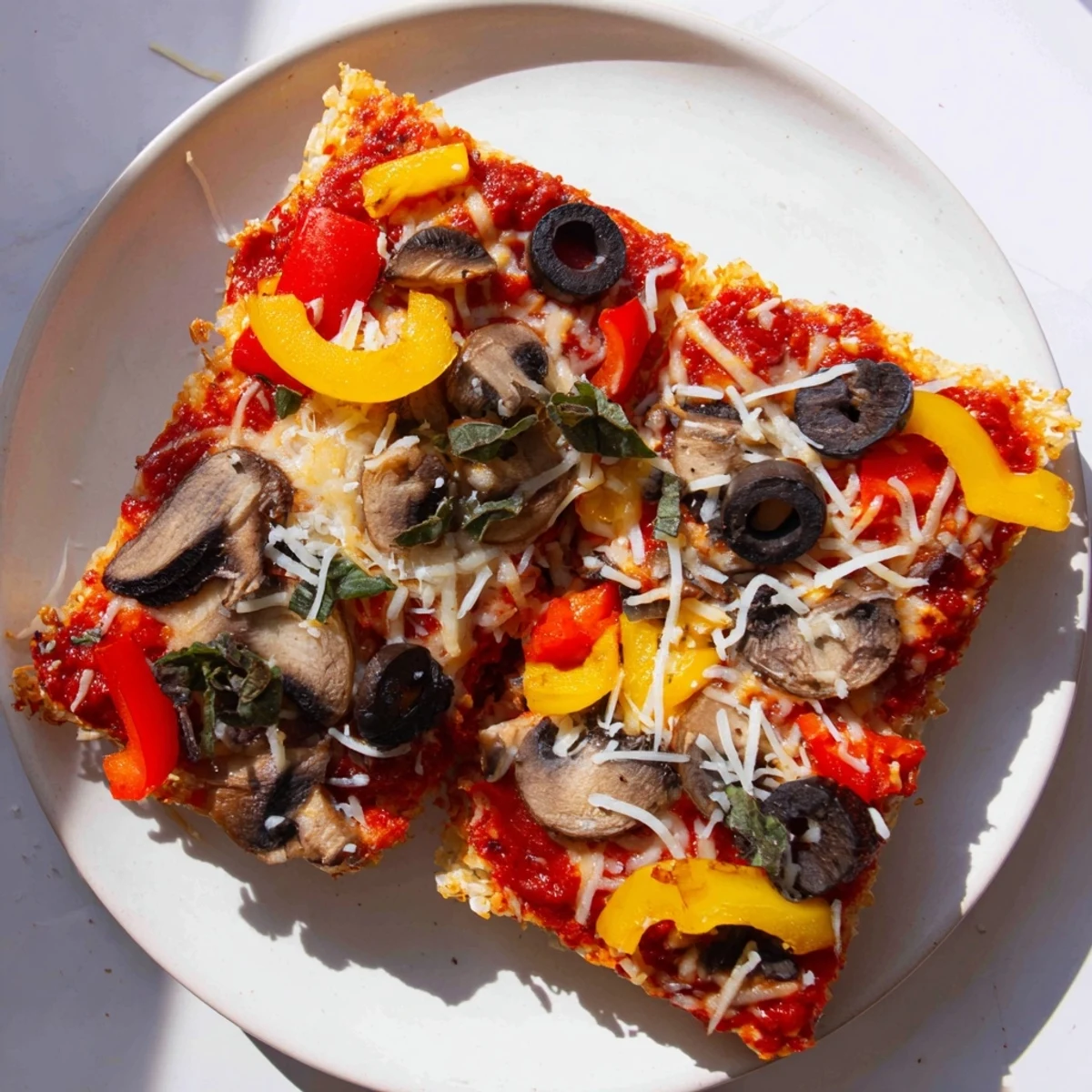 Fresh-from-the-oven, crispy Rice Cake Pizza Squares topped with olives, bell peppers, and bubbling cheese.