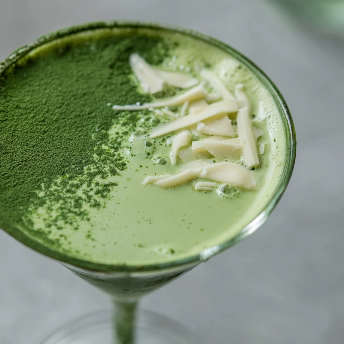 A vibrant Matcha Martini cocktail in a chilled glass, garnished with a light dusting of matcha powder.