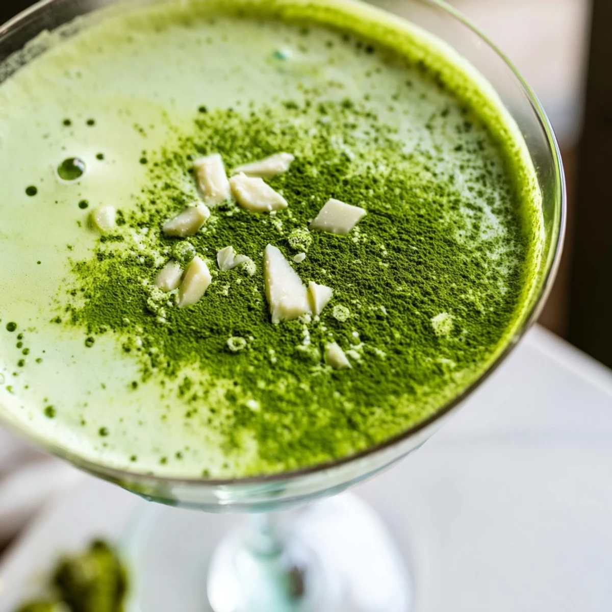 The creamy Matcha Martini cocktail showcases its bright green hue and frothy texture beside a cocktail shaker.
