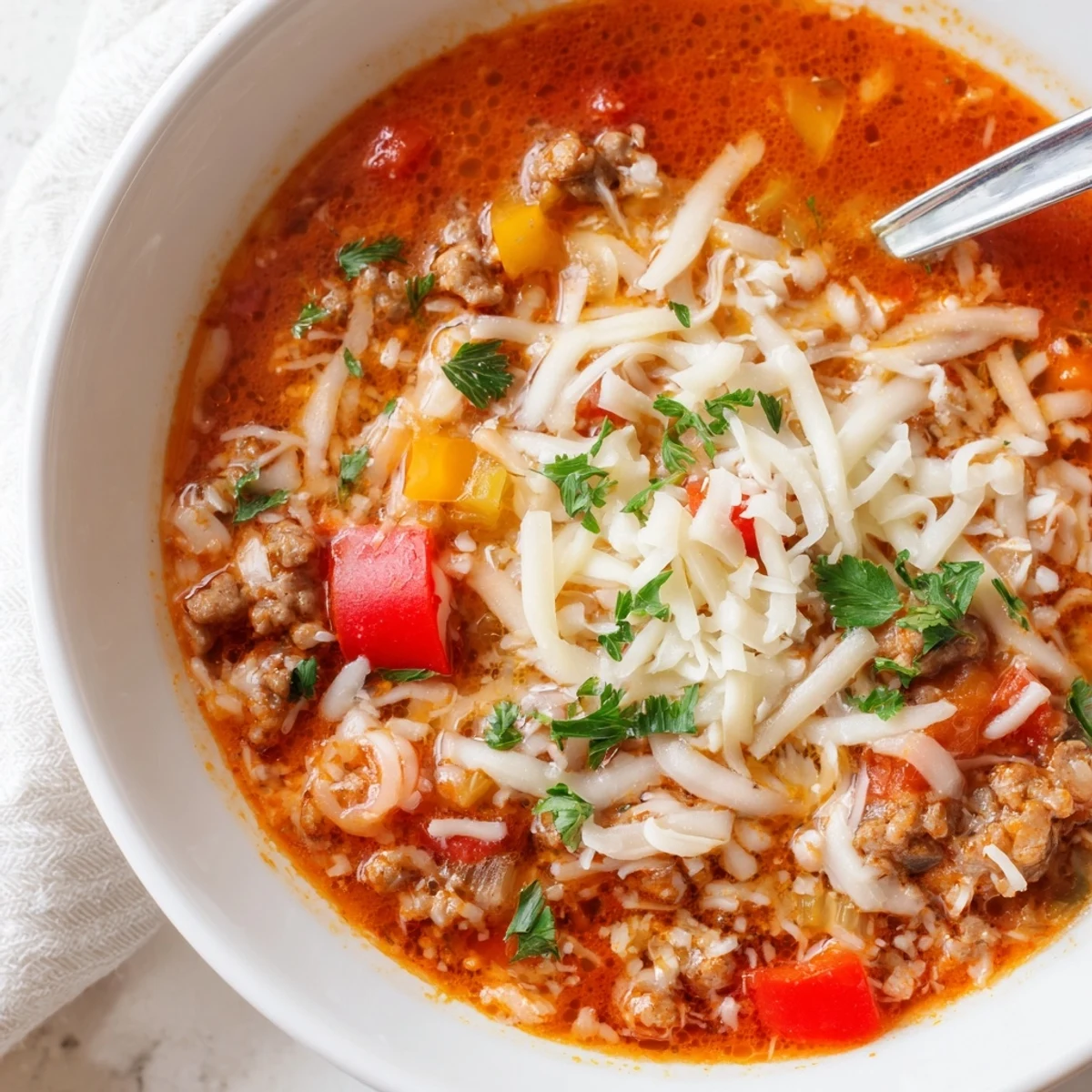 Serving suggestion for Pizza Soup in a white ceramic bowl, topped with gooey mozzarella and fresh parsley.