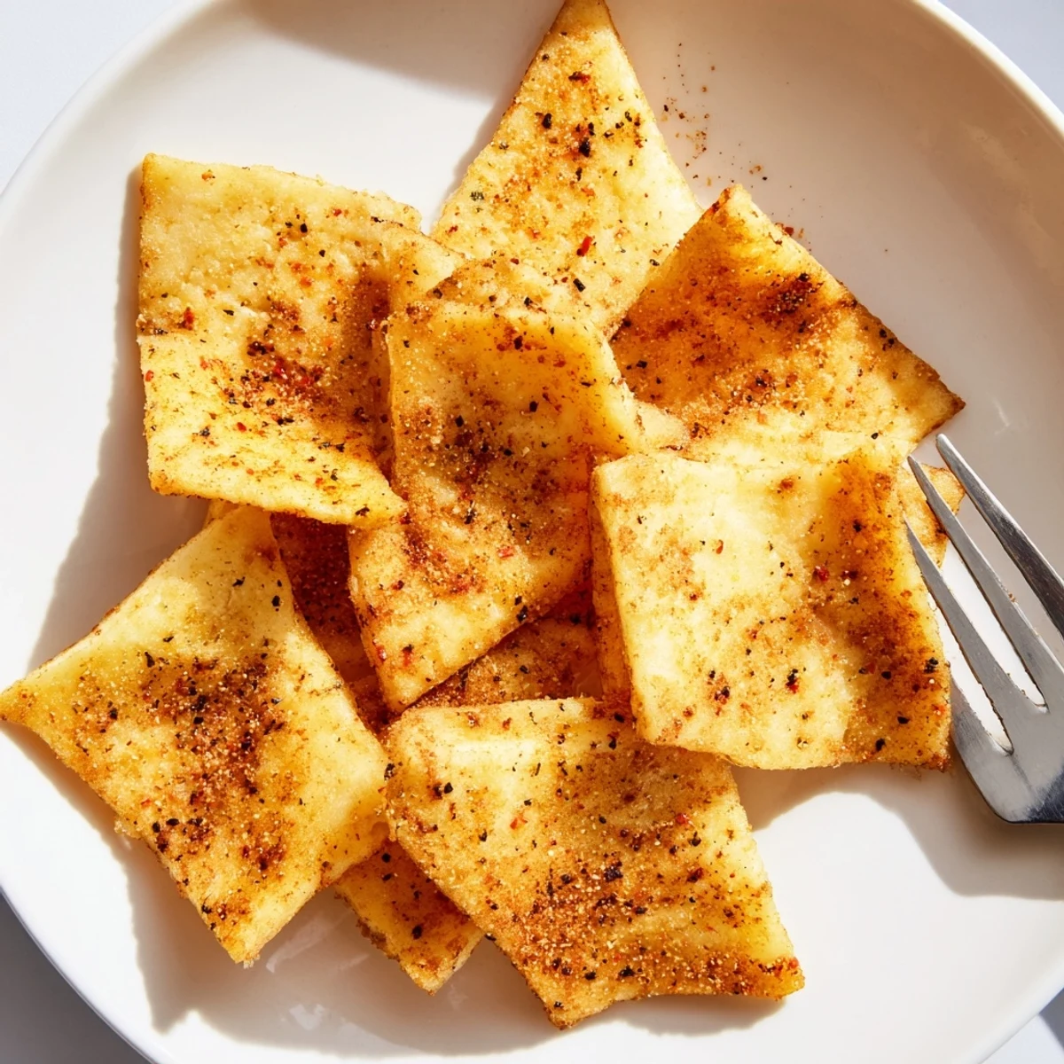 A close-up of seasoned cottage cheese chips with a golden texture, ready to serve as an easy high-protein vegetarian snack for healthy eating.