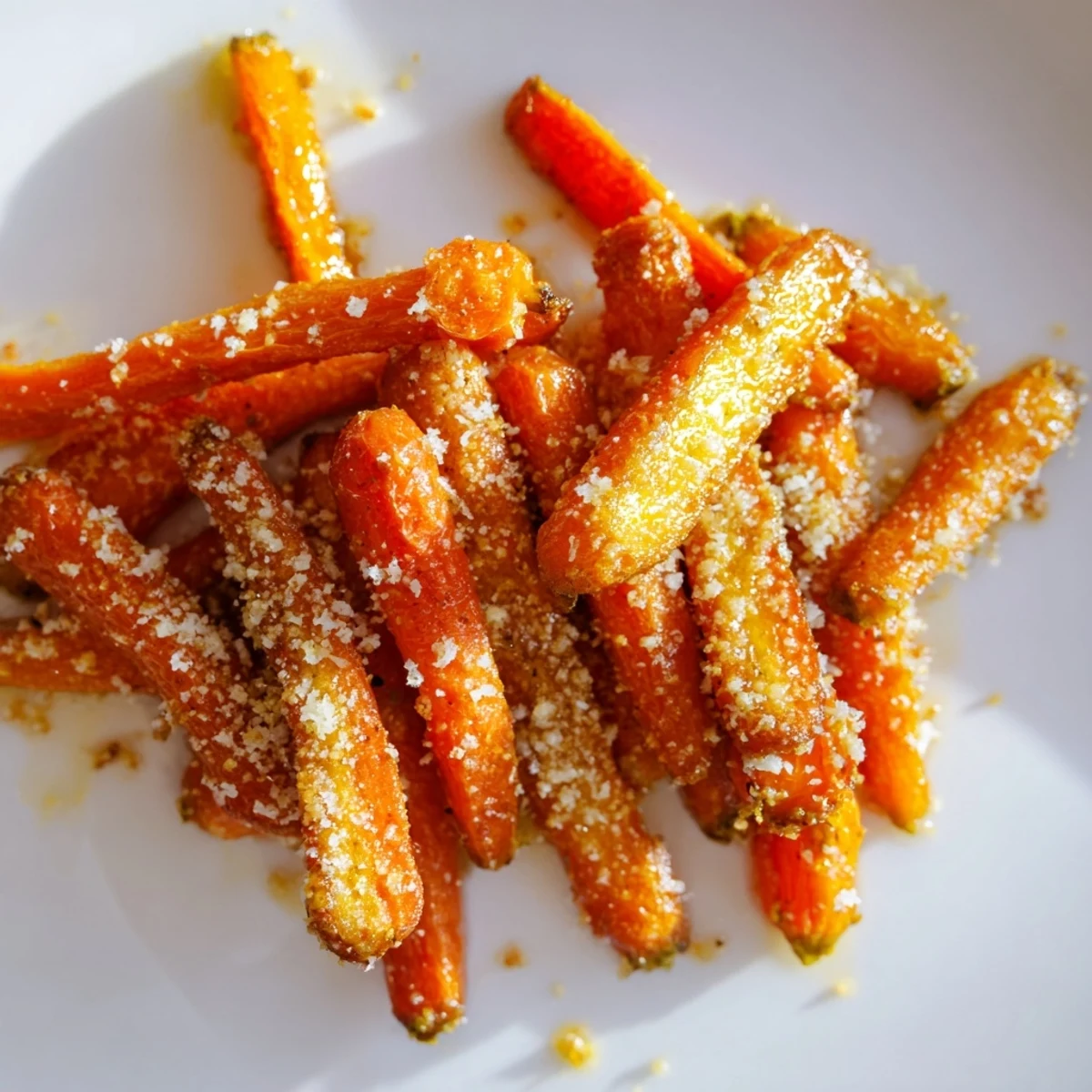 A close-up of Parmesan baby carrot chips, garnished with fresh thyme, served warm as an elegant side dish.
